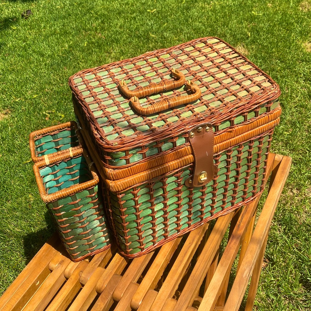Vintage Green Wicker Picnic Wine Basket with plates, cups, wine bottle opener +